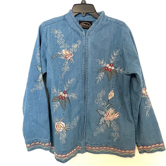 alex kim Jackets & Blazers - ALEX KIM Jacket Blue Denim  Floral Embroidery Lined Hook Closure Womens Size XL